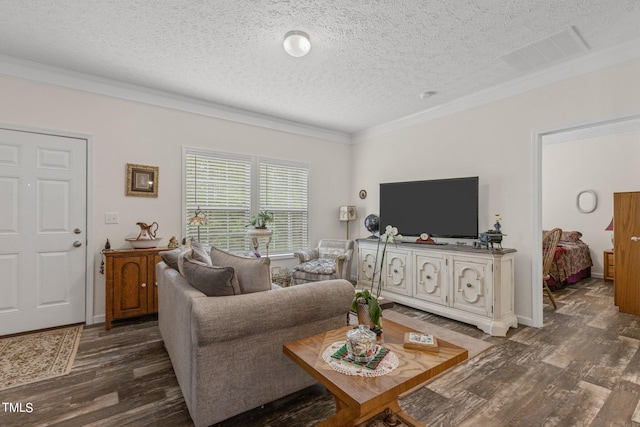 living room with dark hardwood / wood-style flooring, crown molding, and a textured ceiling