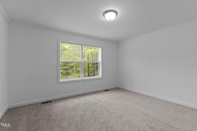 unfurnished room with ornamental molding and carpet flooring