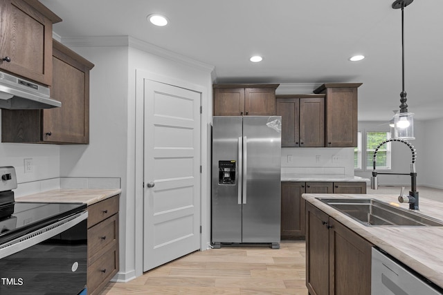 kitchen featuring dark brown cabinetry, sink, light wood-type flooring, stainless steel appliances, and pendant lighting