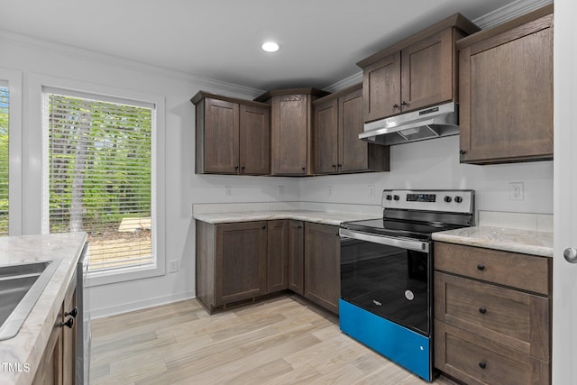 kitchen featuring ornamental molding, dark brown cabinets, light hardwood / wood-style floors, and stainless steel electric stove