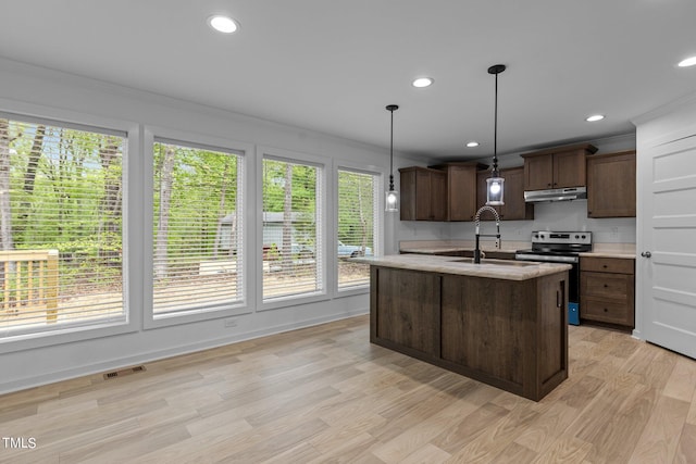 kitchen with a healthy amount of sunlight, stainless steel range with electric stovetop, light hardwood / wood-style floors, and sink