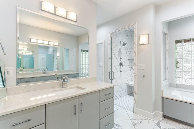 bathroom featuring vanity, separate shower and tub, and tile patterned flooring