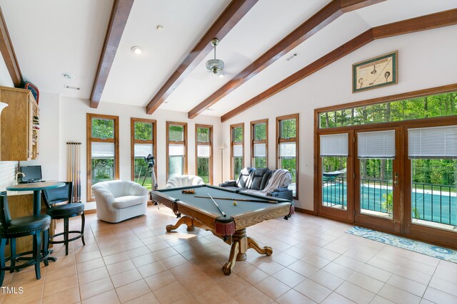 rec room with pool table, vaulted ceiling with beams, and light tile flooring