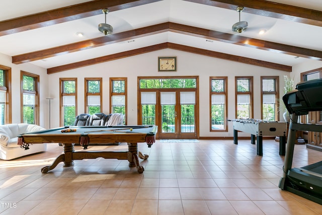 game room with a wealth of natural light, pool table, and vaulted ceiling with beams