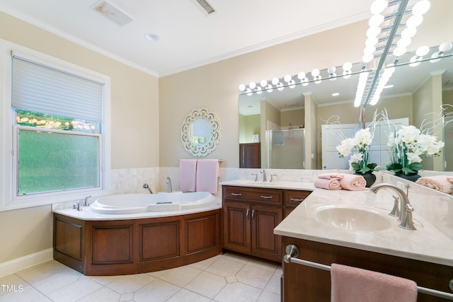 bathroom featuring ornamental molding, a bath to relax in, tile flooring, and large vanity