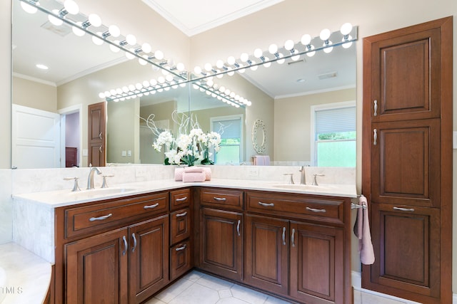 bathroom featuring ornamental molding, tile flooring, and double sink vanity