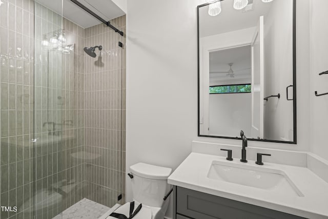 full bathroom featuring toilet, a shower stall, and vanity