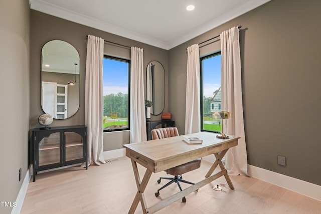 office with ornamental molding, plenty of natural light, and baseboards