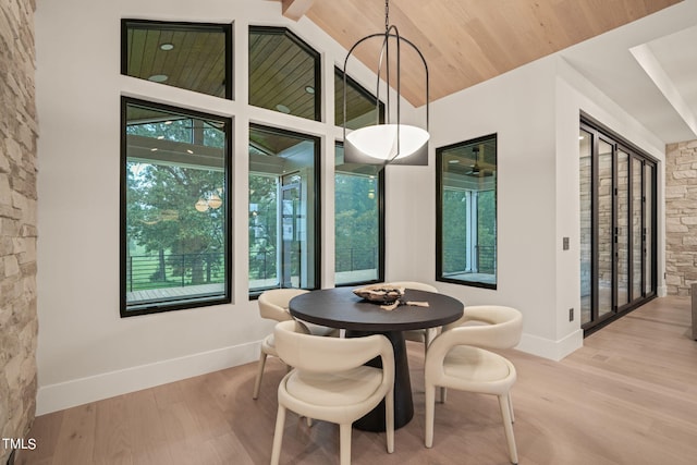 dining room featuring wooden ceiling, light wood finished floors, and baseboards