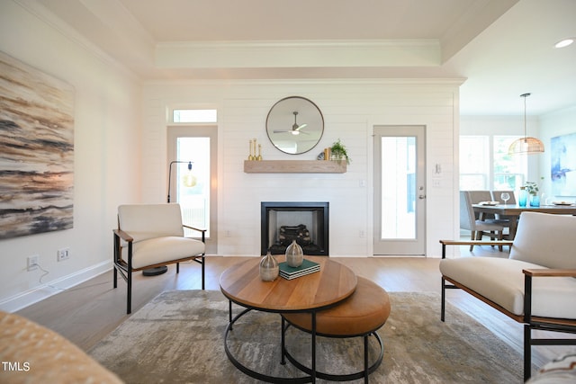 living room featuring a large fireplace, hardwood / wood-style flooring, and crown molding