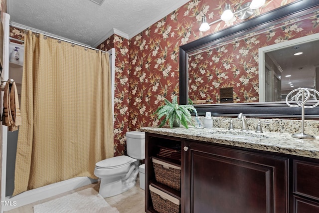 bathroom featuring a textured ceiling, vanity, toilet, and tile flooring