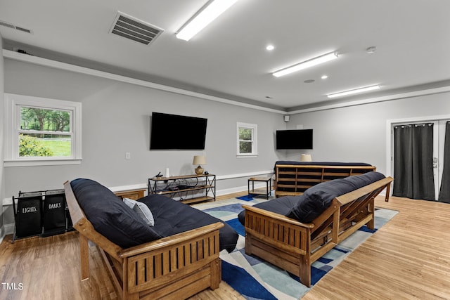 living room featuring wood-type flooring and a wealth of natural light