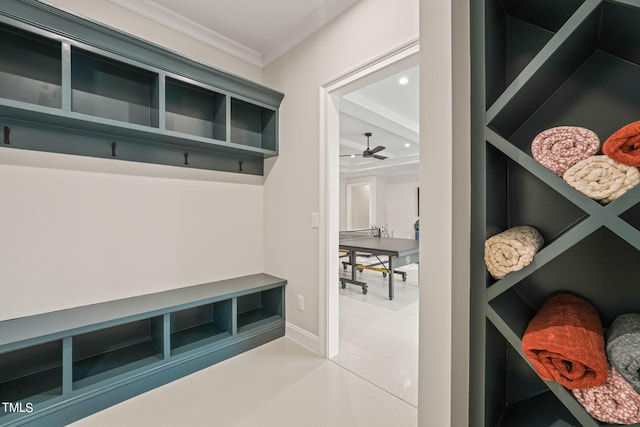 mudroom with ceiling fan and ornamental molding