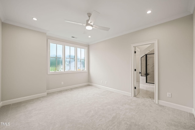 interior space featuring ornamental molding, light carpet, and ceiling fan