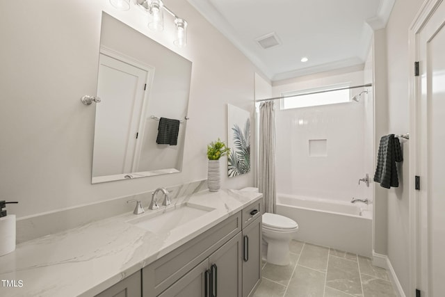 full bathroom featuring crown molding, vanity, toilet, and shower / bath combination with curtain