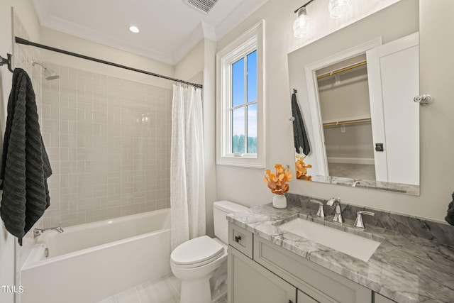 full bathroom with ornamental molding, vanity, toilet, and shower / tub combo