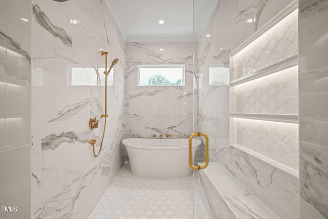 bathroom with crown molding, independent shower and bath, and tile walls