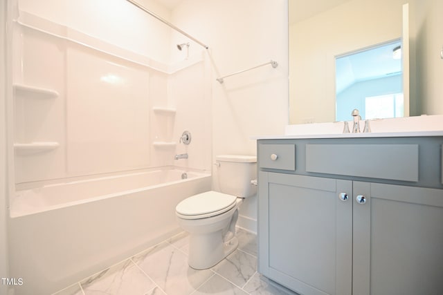 full bathroom featuring shower / washtub combination, vanity, lofted ceiling, and toilet