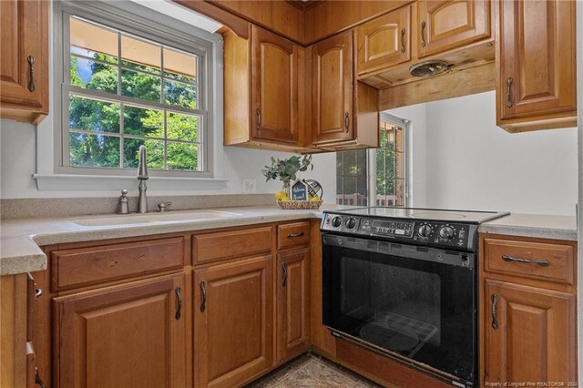 kitchen featuring sink, a healthy amount of sunlight, custom range hood, and black / electric stove