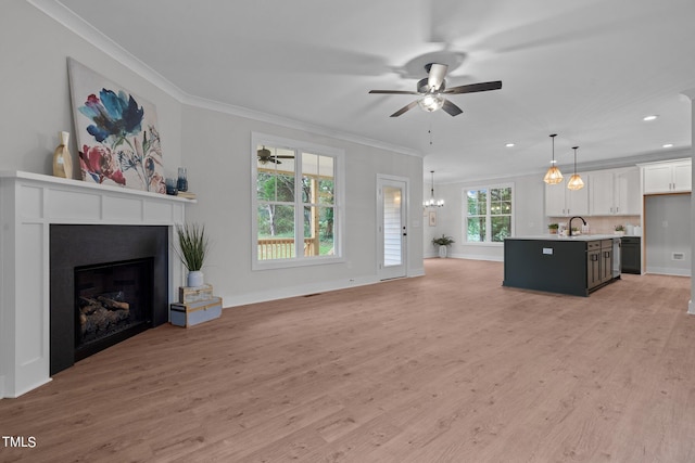 living room with sink, ceiling fan with notable chandelier, light wood-type flooring, and ornamental molding