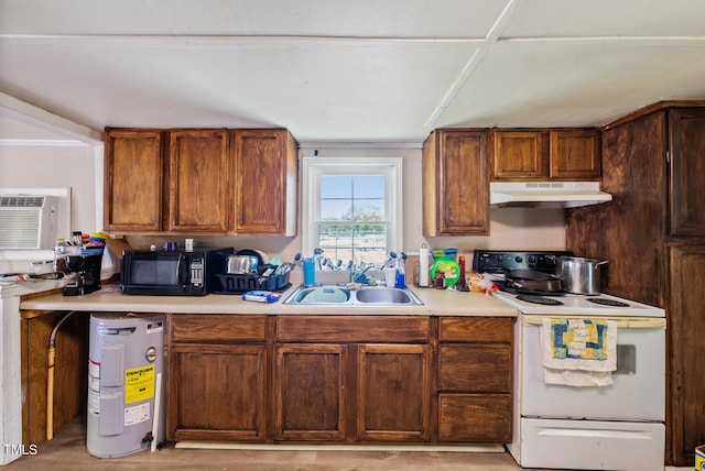 kitchen featuring sink, water heater, and white range with electric stovetop