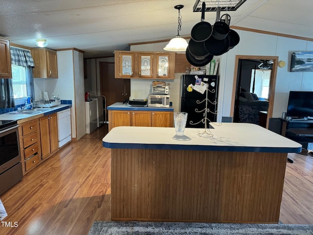 kitchen with a kitchen island, appliances with stainless steel finishes, vaulted ceiling, light hardwood / wood-style floors, and pendant lighting