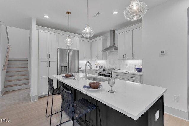 kitchen featuring stainless steel appliances, a sink, visible vents, backsplash, and wall chimney exhaust hood