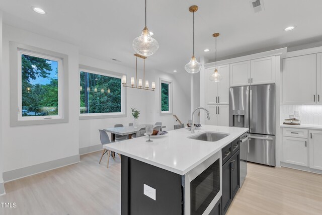 kitchen featuring light countertops, visible vents, appliances with stainless steel finishes, white cabinetry, and a sink