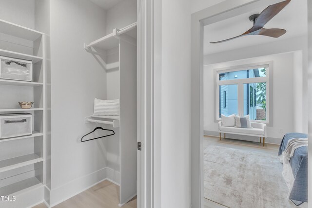 walk in closet featuring ceiling fan and wood finished floors