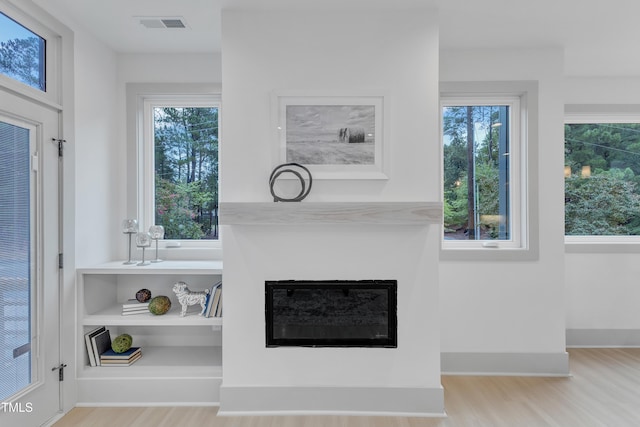 interior details featuring baseboards, visible vents, wood finished floors, and a glass covered fireplace