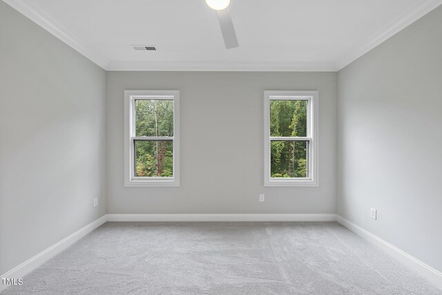 empty room featuring a healthy amount of sunlight, crown molding, and light colored carpet