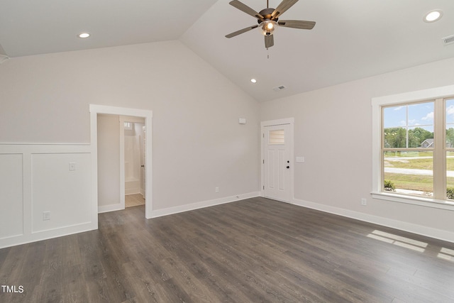 spare room featuring dark wood-style flooring, recessed lighting, visible vents, and a ceiling fan