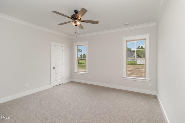 carpeted spare room featuring ornamental molding, a wealth of natural light, and baseboards