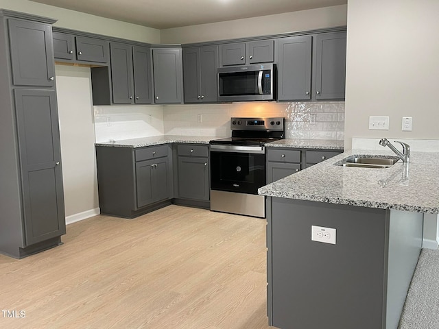 kitchen with sink, appliances with stainless steel finishes, decorative backsplash, and light wood-type flooring