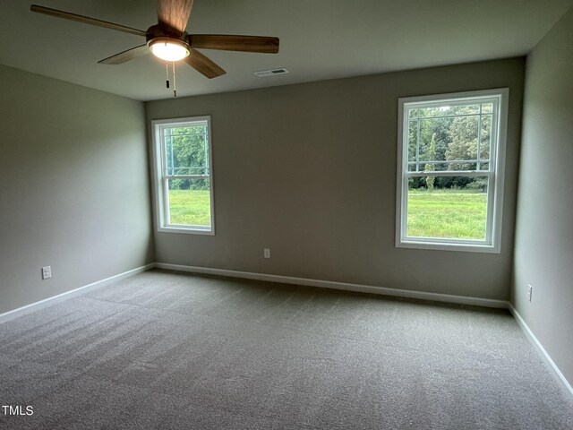 carpeted spare room featuring ceiling fan and a healthy amount of sunlight