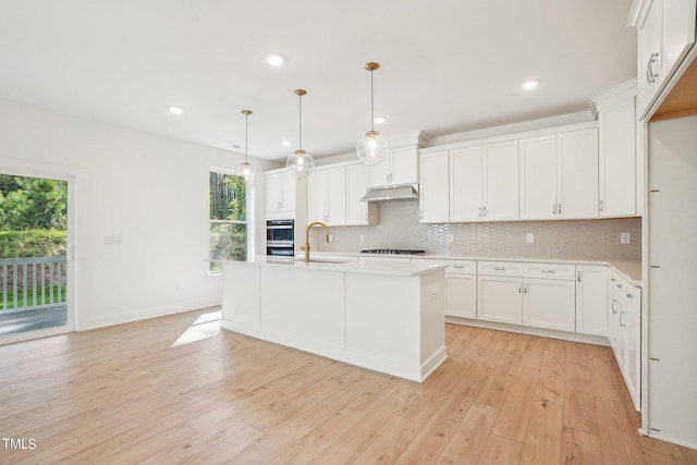 kitchen with light hardwood / wood-style floors, backsplash, sink, and white cabinets