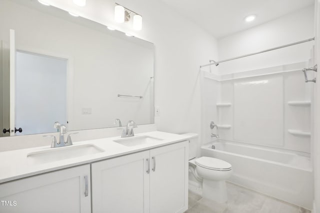 full bathroom featuring shower / bath combination, toilet, dual bowl vanity, and tile patterned flooring