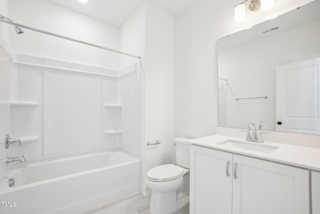 full bathroom with shower / bathtub combination, toilet, tile patterned flooring, and vanity