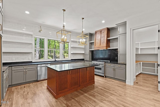 kitchen with backsplash, a kitchen island, stainless steel appliances, and hanging light fixtures