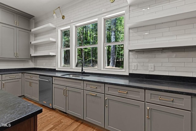 kitchen featuring backsplash, dark stone counters, sink, light hardwood / wood-style flooring, and gray cabinets