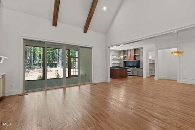 unfurnished living room featuring beamed ceiling, high vaulted ceiling, and light hardwood / wood-style floors