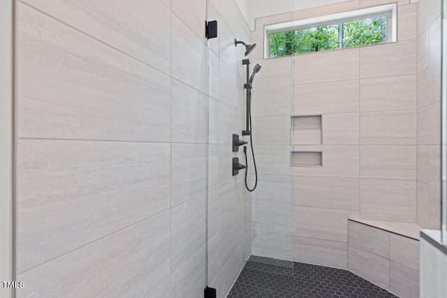 bathroom with a shower with shower door