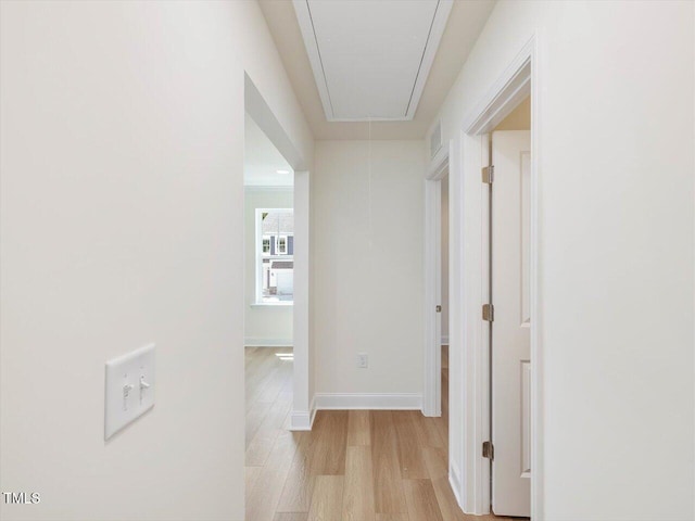 corridor featuring light wood-type flooring, attic access, visible vents, and baseboards