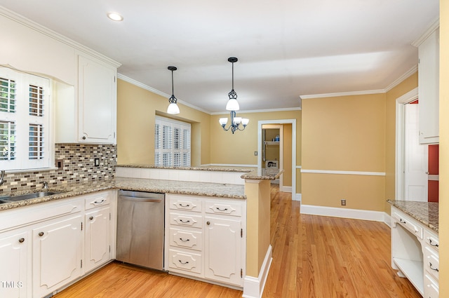 kitchen featuring white cabinetry, kitchen peninsula, backsplash, stainless steel dishwasher, and pendant lighting