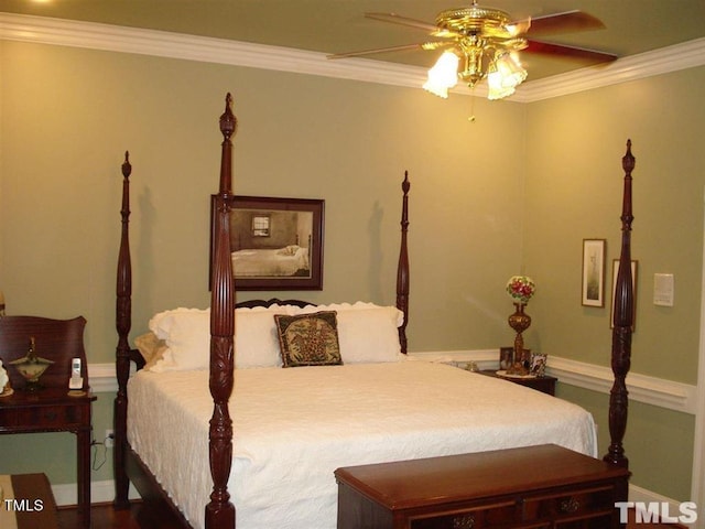 bedroom featuring ornamental molding and ceiling fan