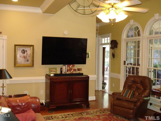 living room featuring ornamental molding, ceiling fan, and dark wood-type flooring