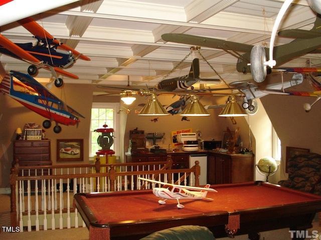 playroom featuring coffered ceiling, pool table, and beamed ceiling