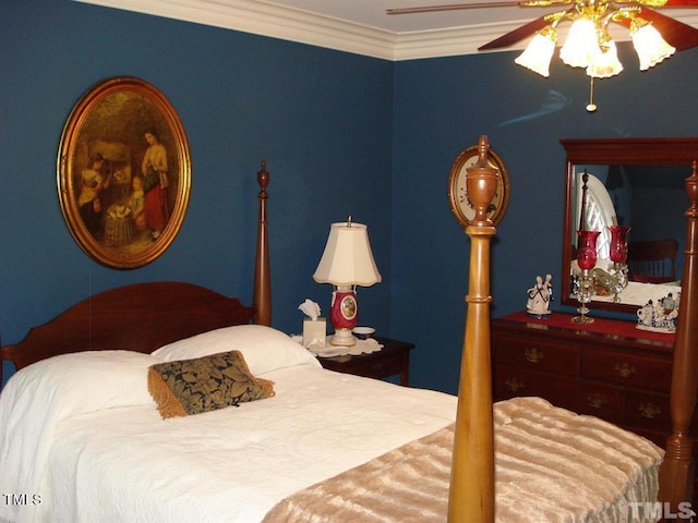 bedroom featuring ornamental molding and ceiling fan