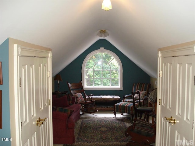 bedroom with lofted ceiling