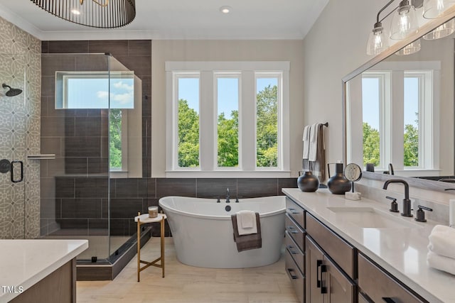 bathroom featuring tile walls, plus walk in shower, and vanity